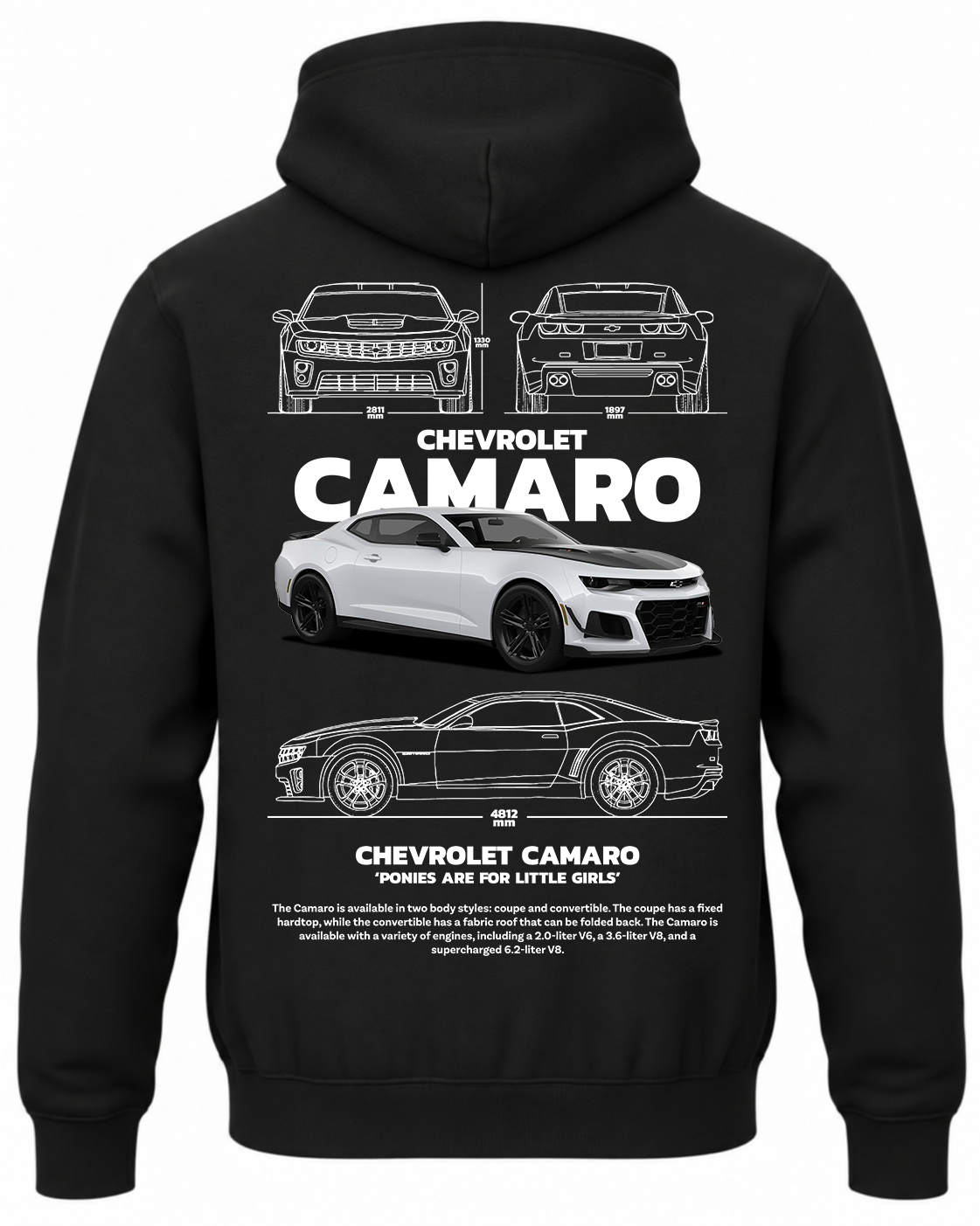 Czarna bluza z kapturem z nadrukiem samochodu Chevrolet Camaro