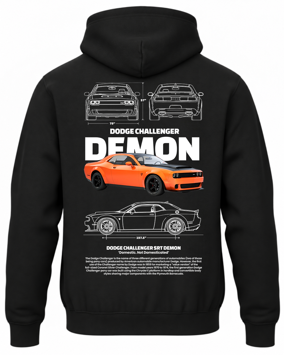 Czarna bluza z kapturem z nadrukiem samochodu Dodge Challenger Demon