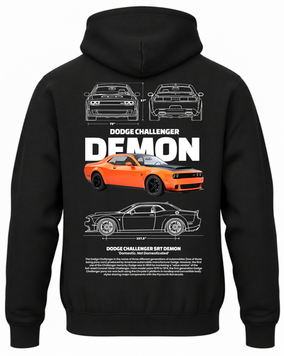 Czarna bluza z kapturem z nadrukiem samochodu Dodge Challenger Demon