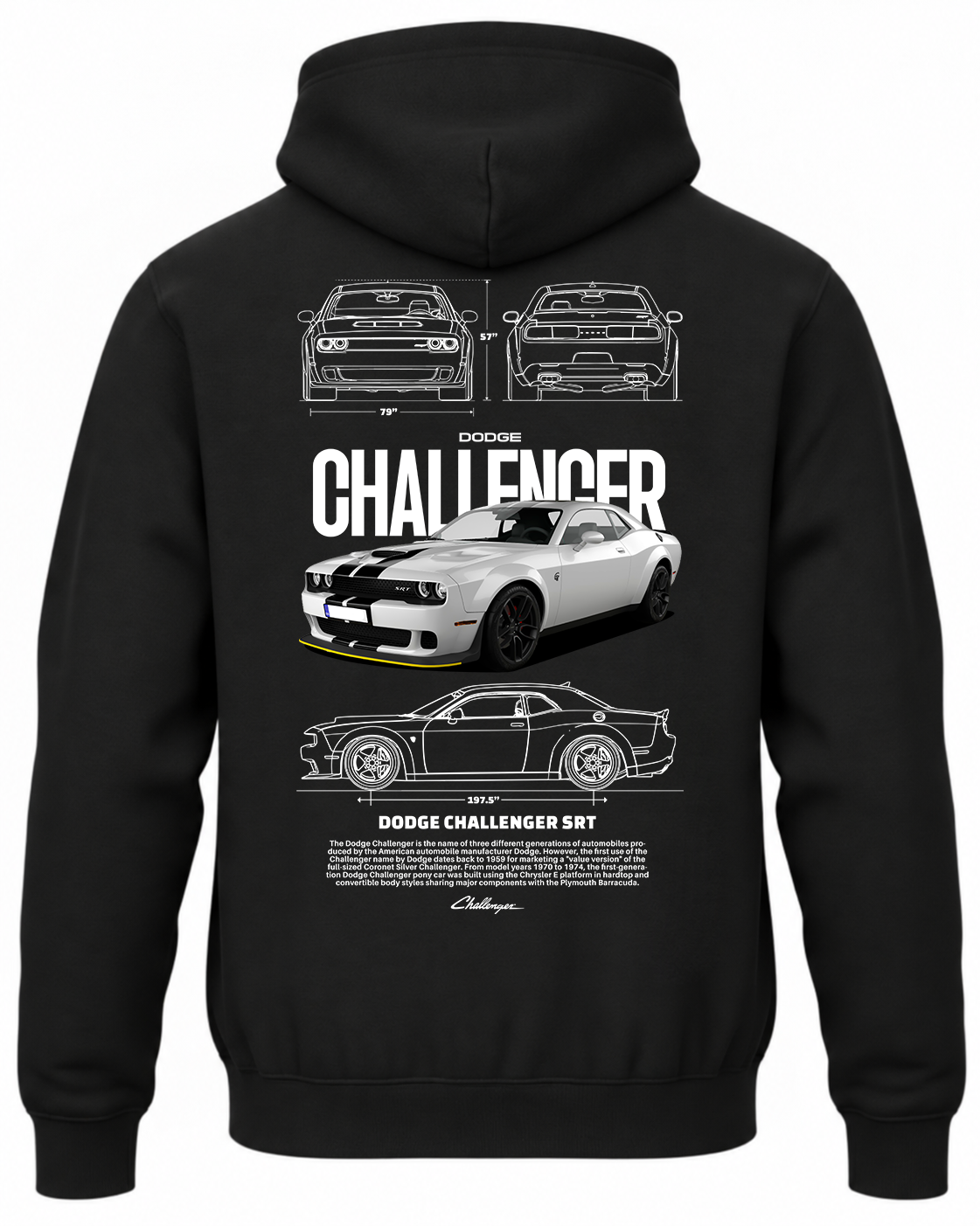 Czarna bluza z kapturem z nadrukiem samochodu Dodge Challenger