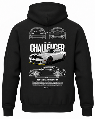 Czarna bluza z kapturem z nadrukiem samochodu Dodge Challenger