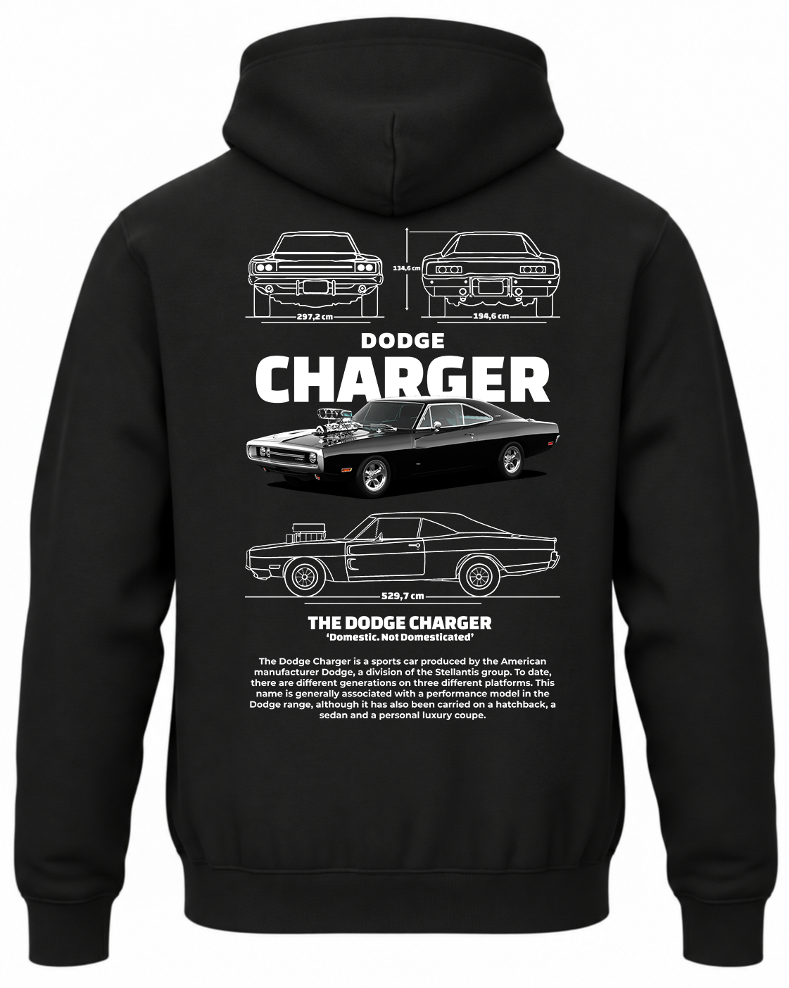 Czarna bluza z kapturem z nadrukiem samochodu Dodge Charger 1970