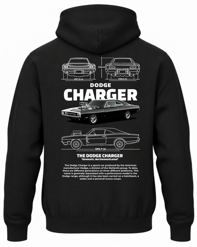 Czarna bluza z kapturem z nadrukiem samochodu Dodge Charger 1970