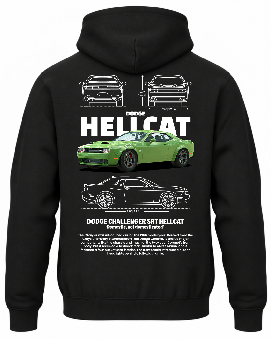 Czarna bluza z kapturem z nadrukiem samochodu Dodge Charger SRT Hellcat