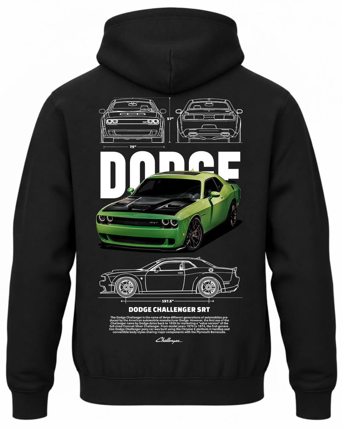Czarna bluza z kapturem z nadrukiem samochodu Dodge SRT