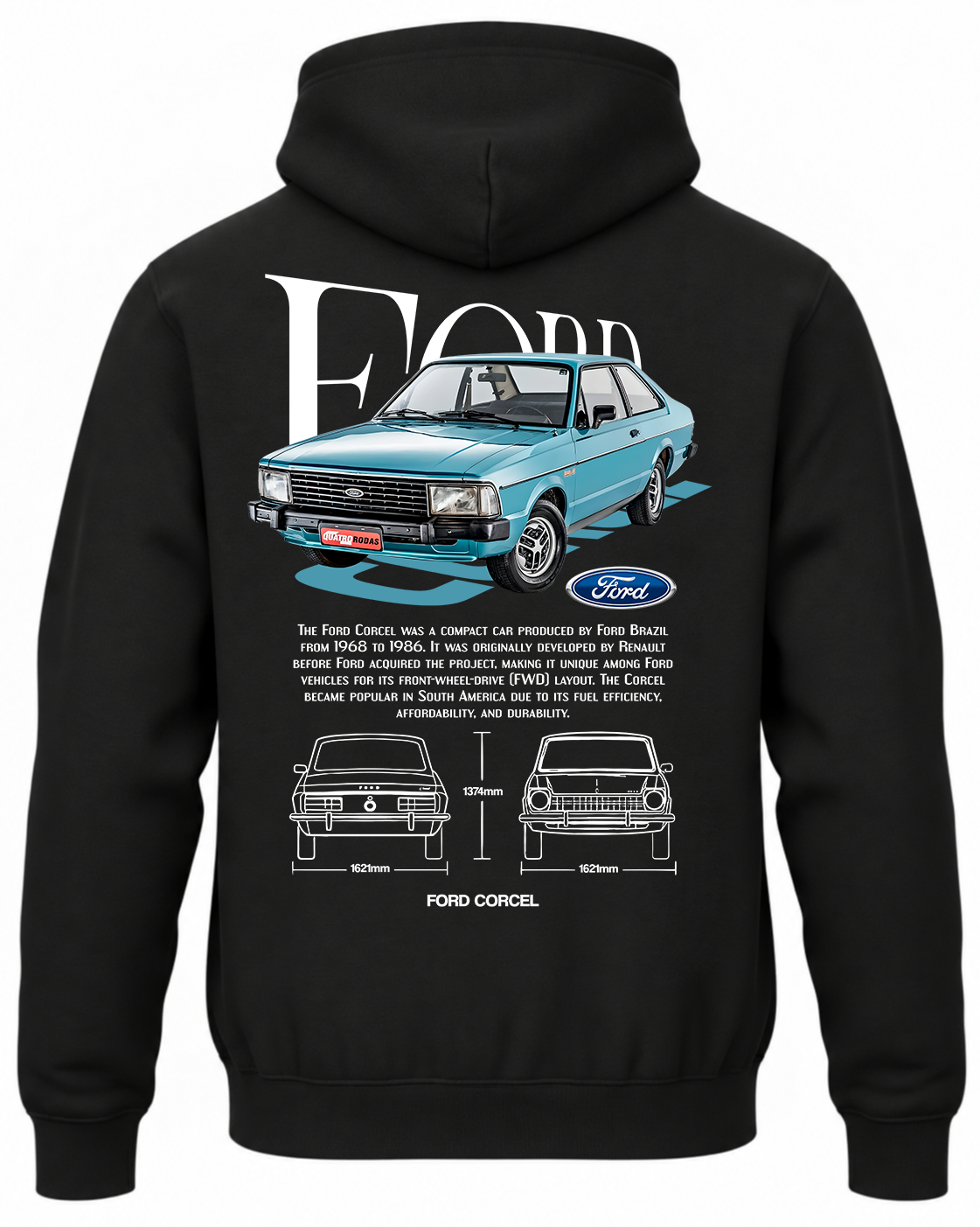 Czarna bluza z kapturem z nadrukiem samochodu Ford Corcel