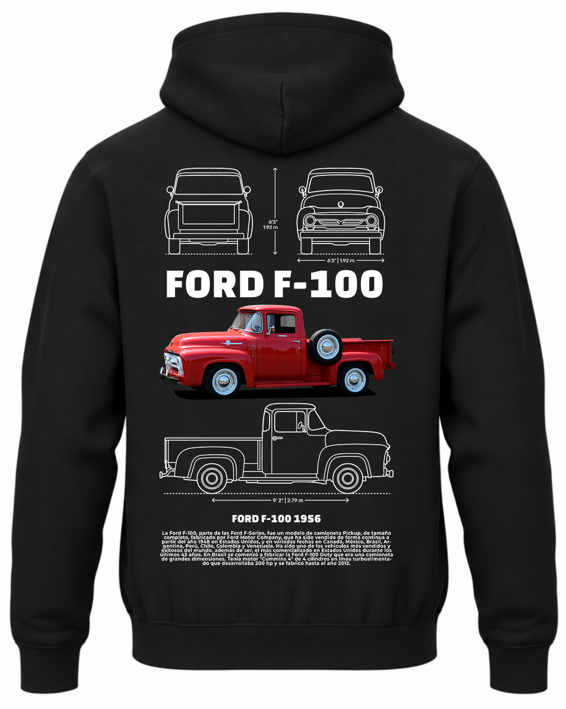 Czarna bluza z kapturem z nadrukiem samochodu Ford F-100 z 1956 roku