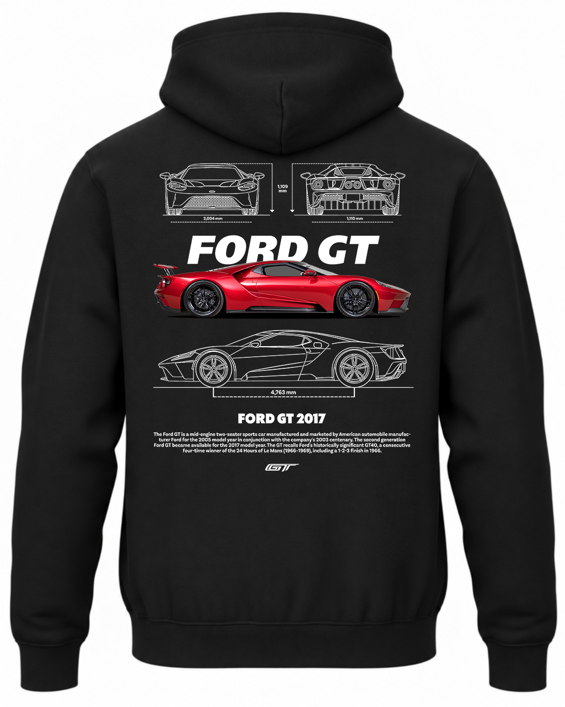 Czarna bluza z kapturem z nadrukiem samochodu Ford GT