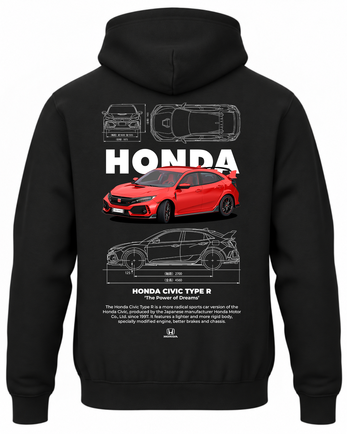 Czarna bluza z kapturem z nadrukiem samochodu Honda Civic Type R