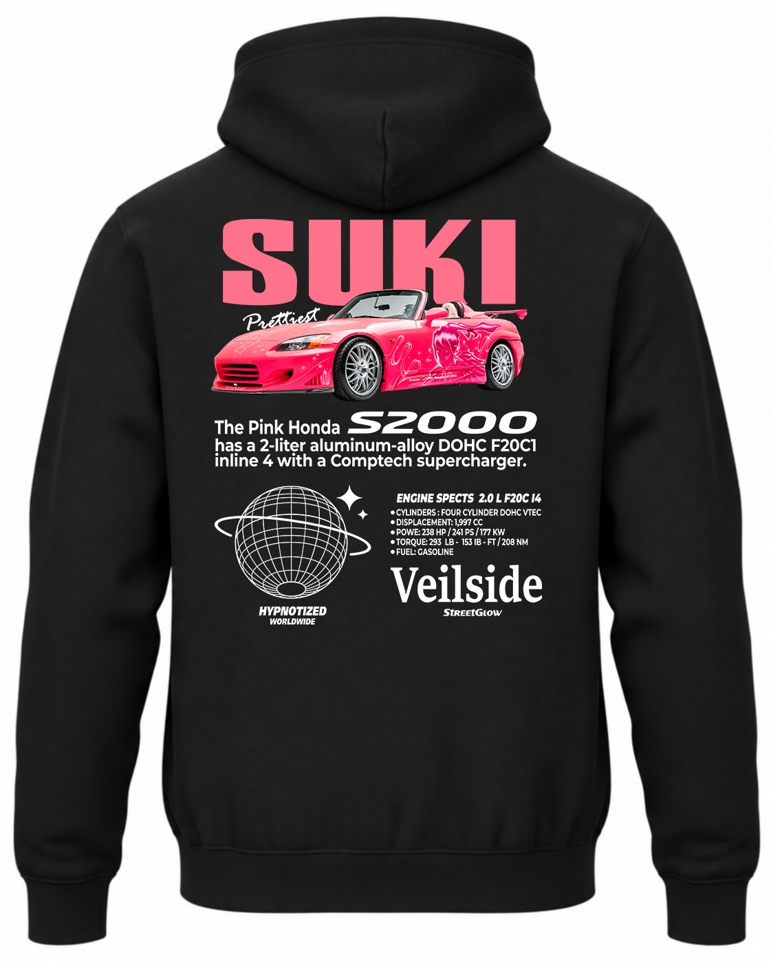 Czarna bluza z kapturem z nadrukiem samochodu Honda S2000 Suki