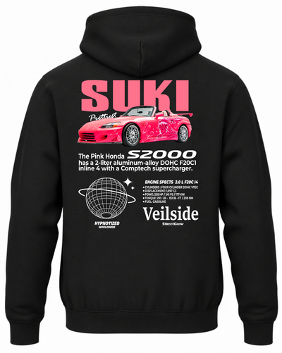 Czarna bluza z kapturem z nadrukiem samochodu Honda S2000 Suki