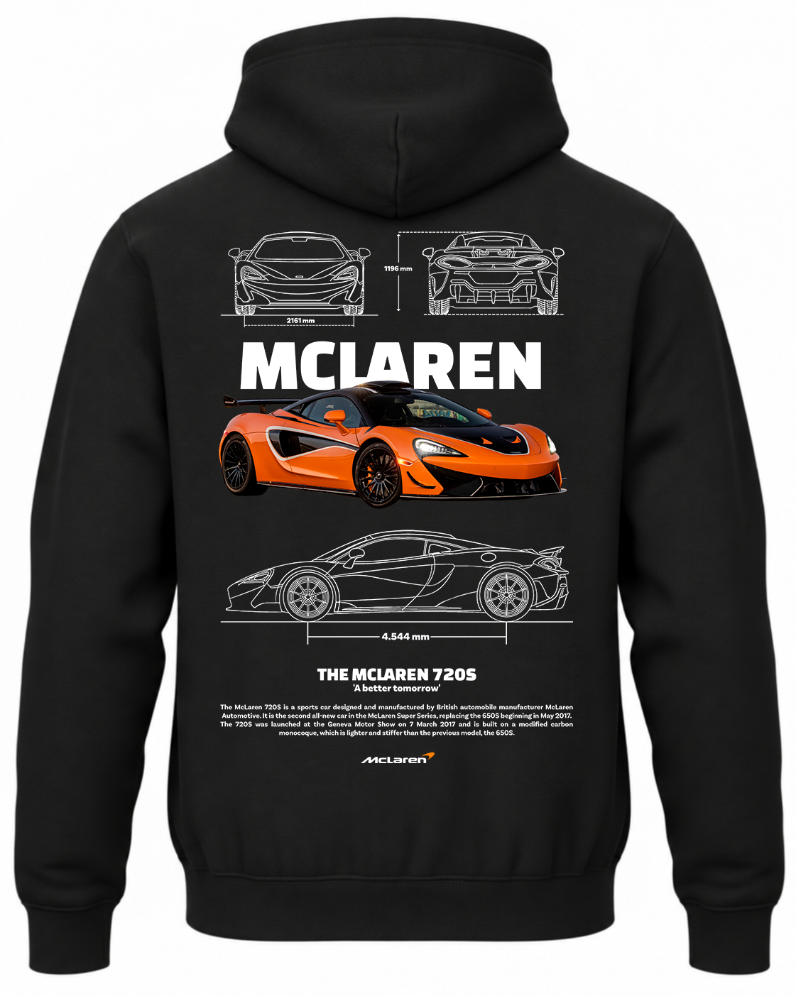 Czarna bluza z kapturem z nadrukiem McLaren 720S – pomarańczowy