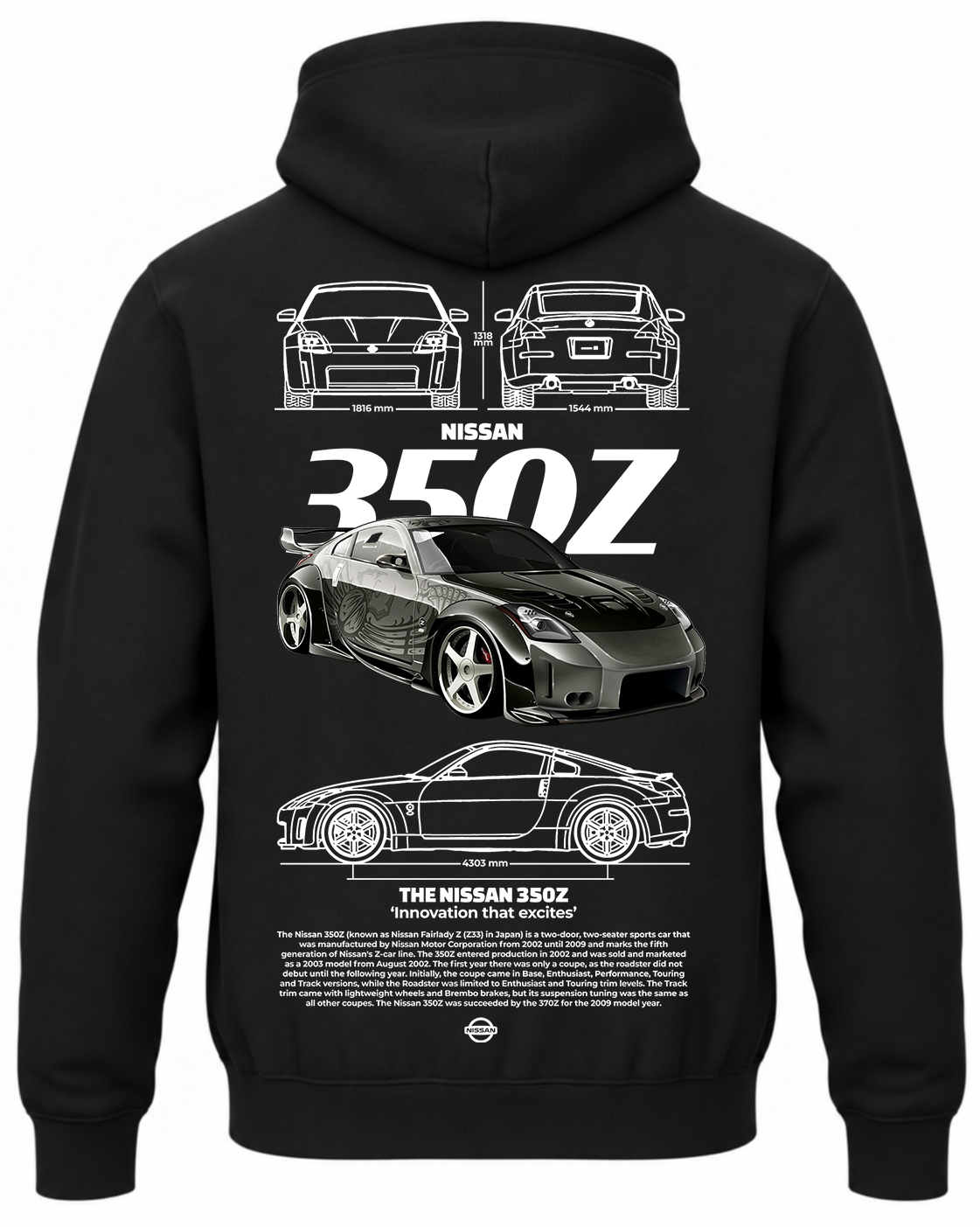 Czarna bluza z kapturem z nadrukiem Nissan 350Z – wzór biały