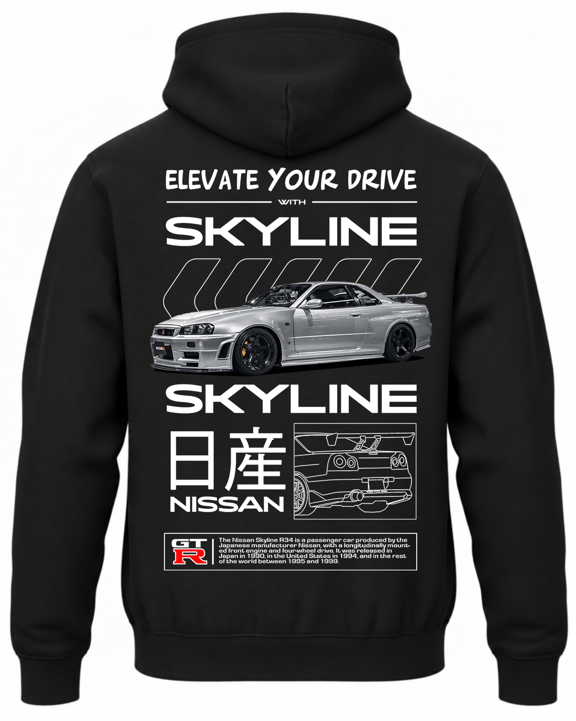 Czarna bluza z kapturem z nadrukiem Nissan Skyline R34