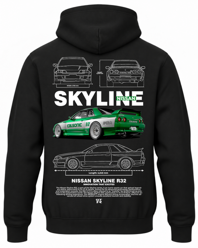 Czarna bluza z kapturem z nadrukiem Nissan Skyline R32