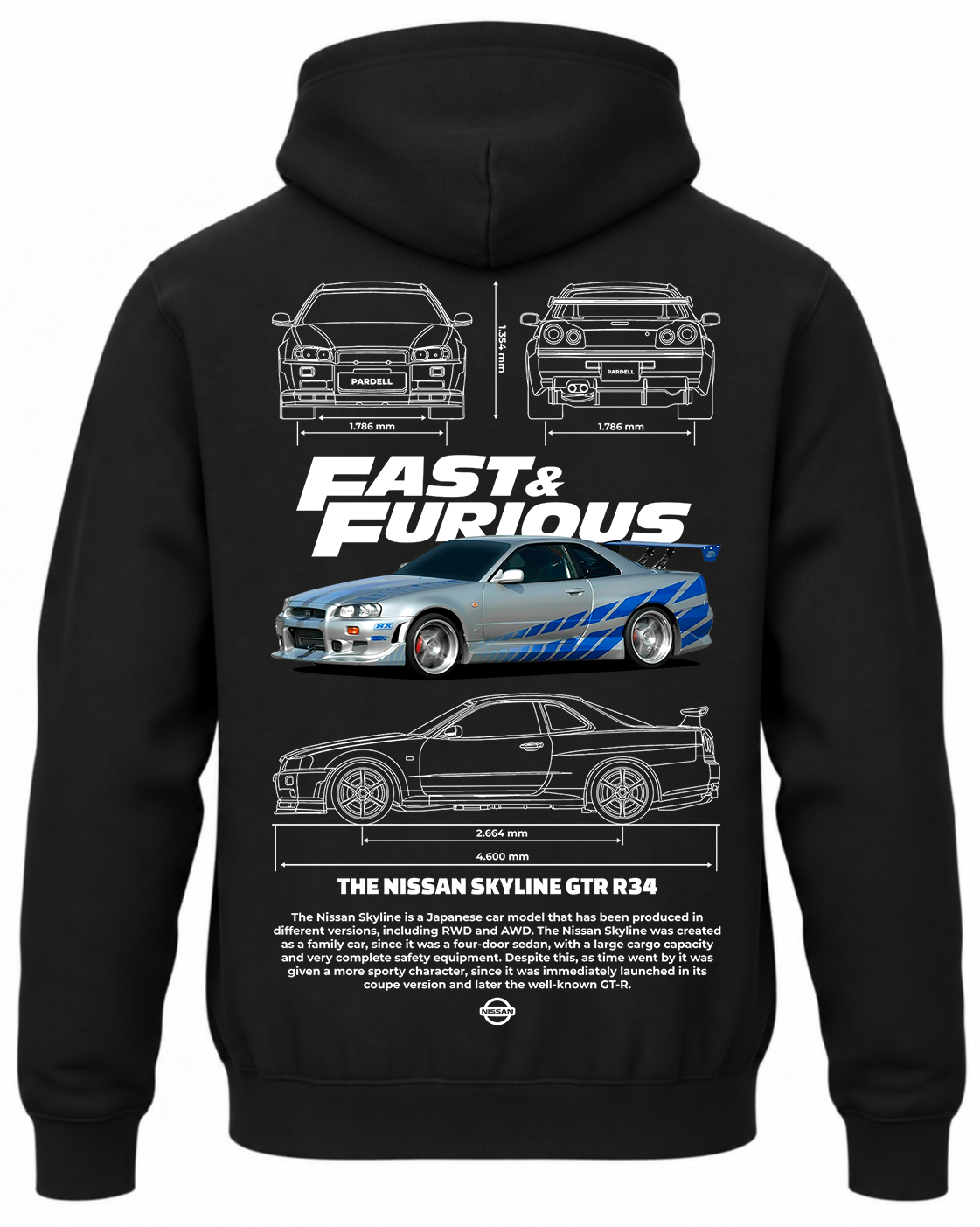 Czarna bluza z kapturem z nadrukiem Nissan Skyline R34 Szybcy i Wściekli