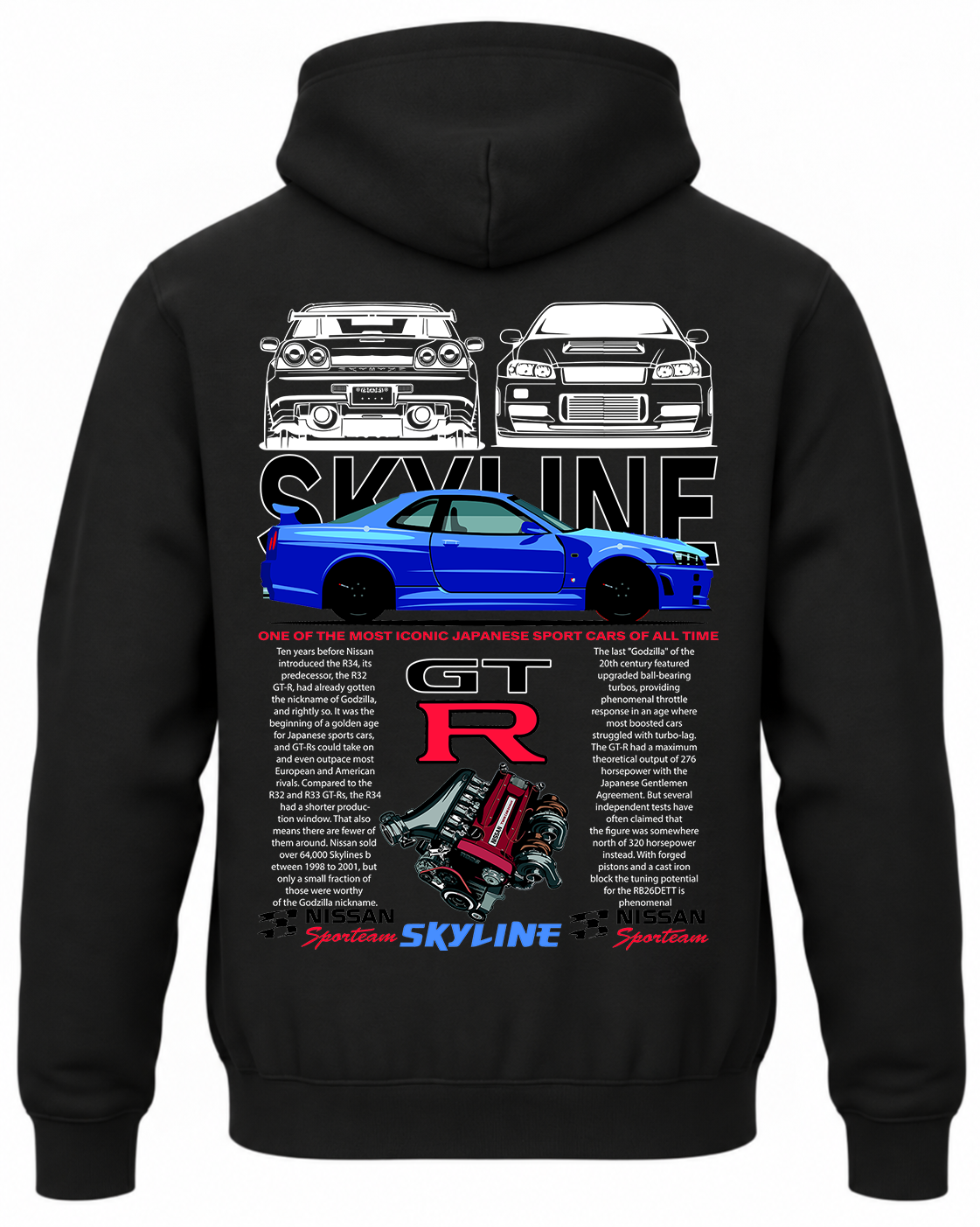 Czarna bluza z kapturem z nadrukiem Nissan Skyline GT-R – niebieski