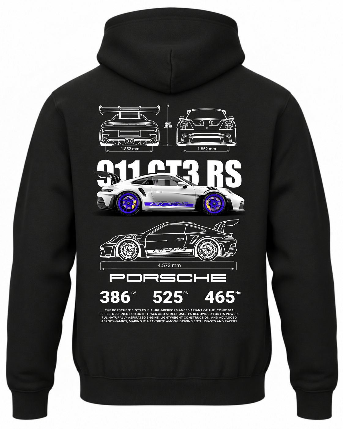 Czarna bluza z kapturem z nadrukiem Porsche 911 GT3 RS – niebieski