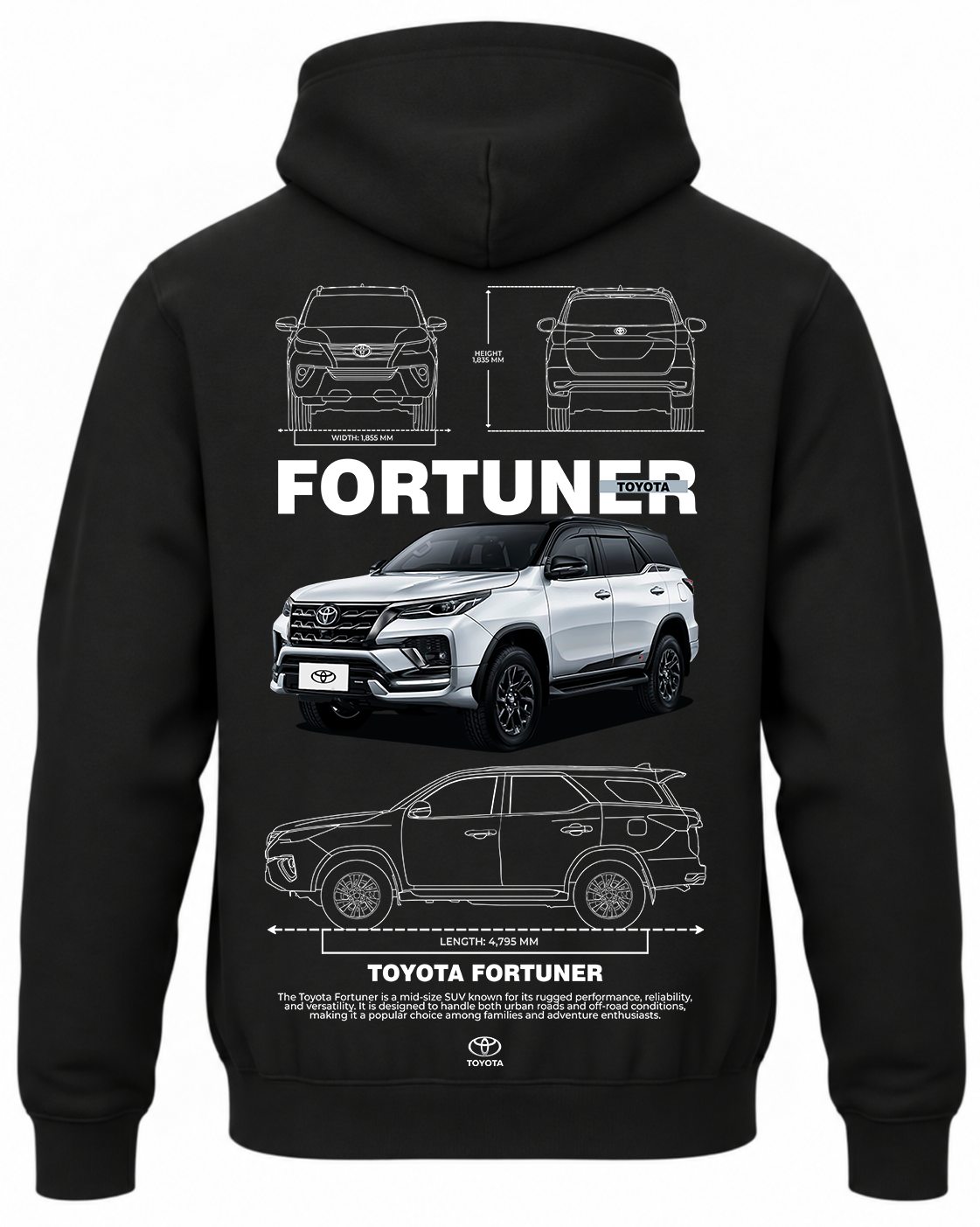 Czarna bluza z kapturem z nadrukiem Toyota Fortuner 2024