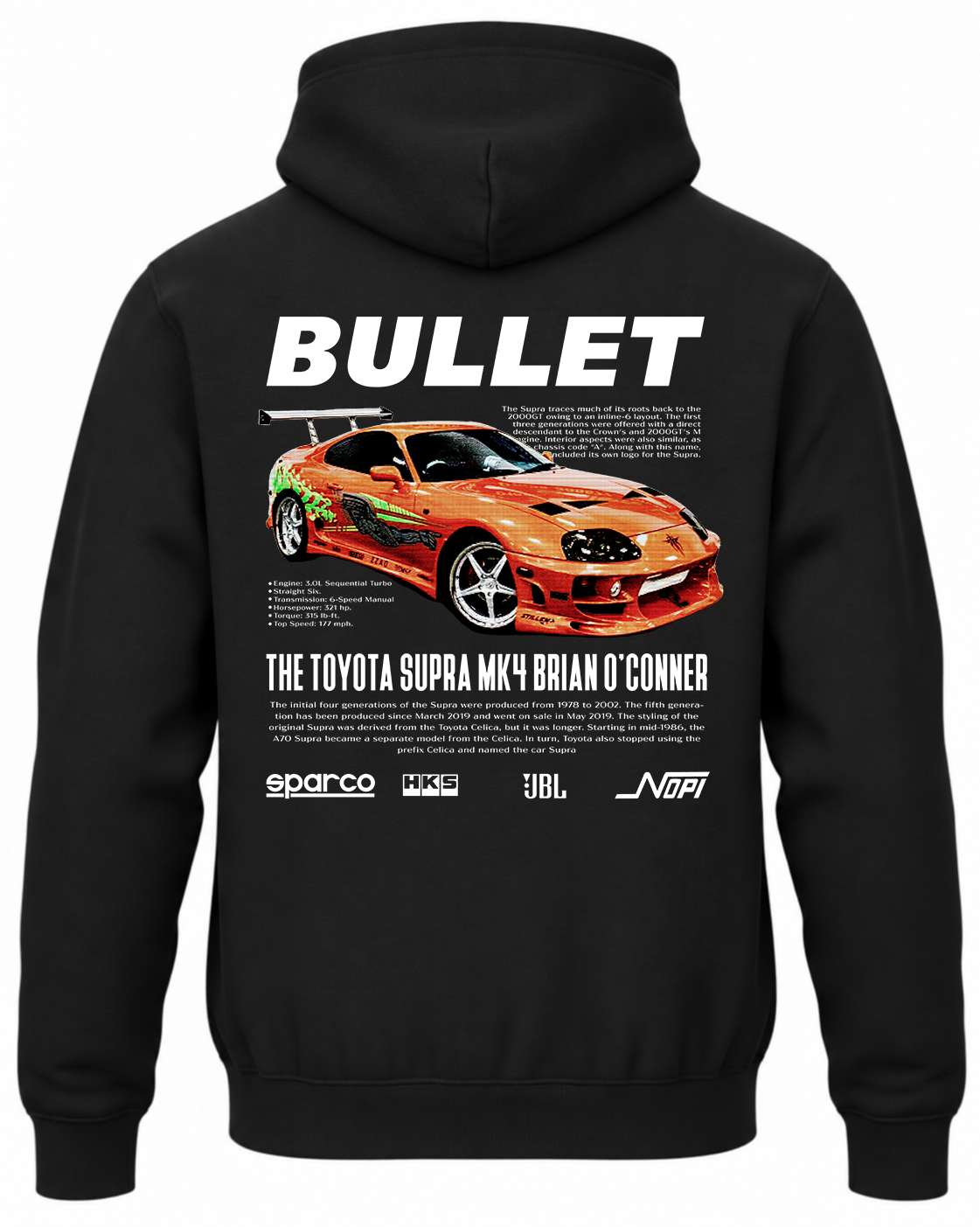 Czarna bluza z kapturem z nadrukiem Toyota Supra MK4 Brian