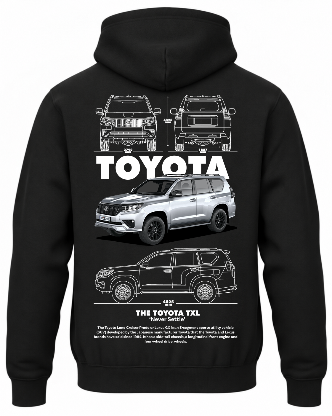 Czarna bluza z kapturem z nadrukiem Toyota TXL – biały samochód