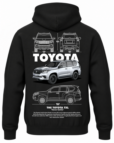 Czarna bluza z kapturem z nadrukiem Toyota TXL – biały samochód