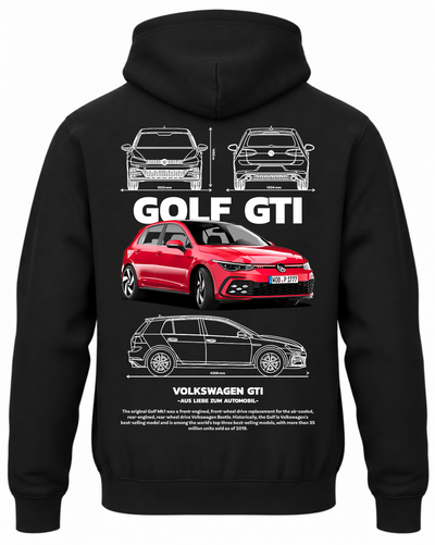 Czarna bluza z kapturem z nadrukiem VW Golf GTI – biały samochód