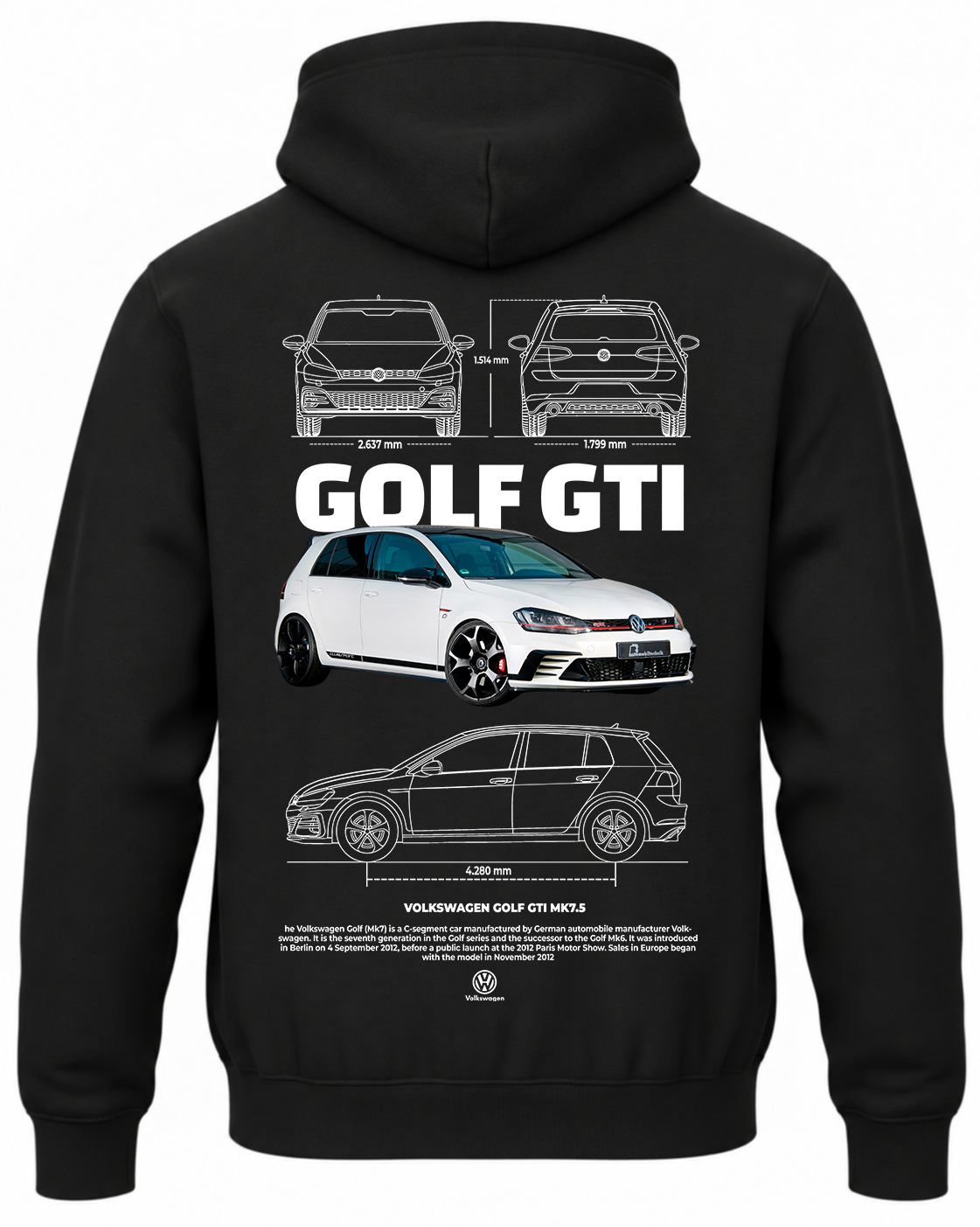 Czarna bluza z kapturem z nadrukiem VW Golf GTI MK7 – biały samochód