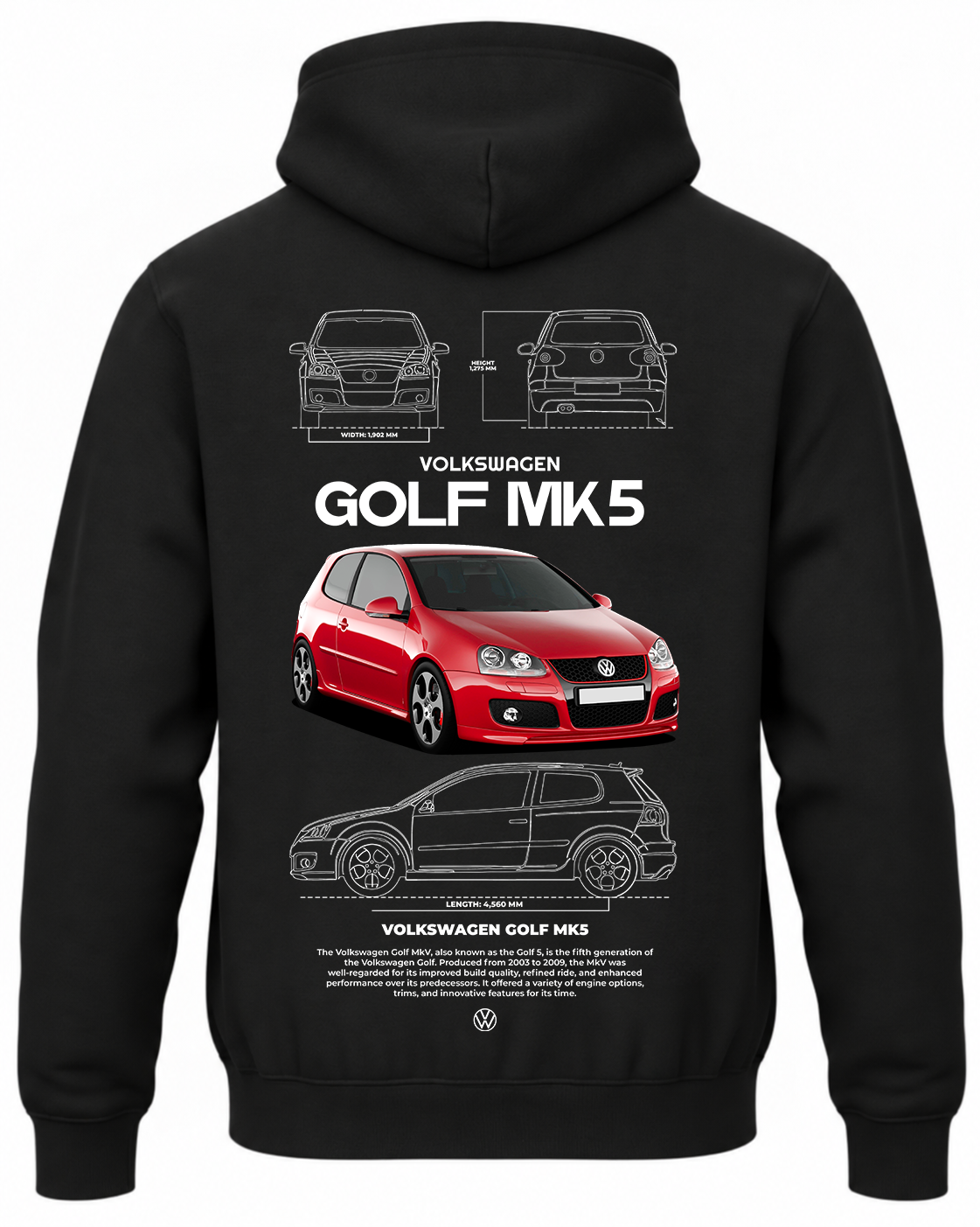 Czarna bluza z kapturem z nadrukiem VW Golf MK5