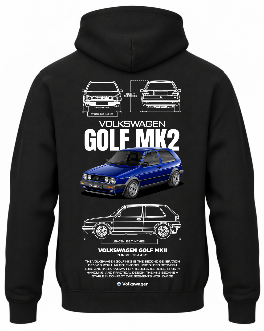 Czarna bluza z kapturem z nadrukiem VW Golf MK2 – wzór 2