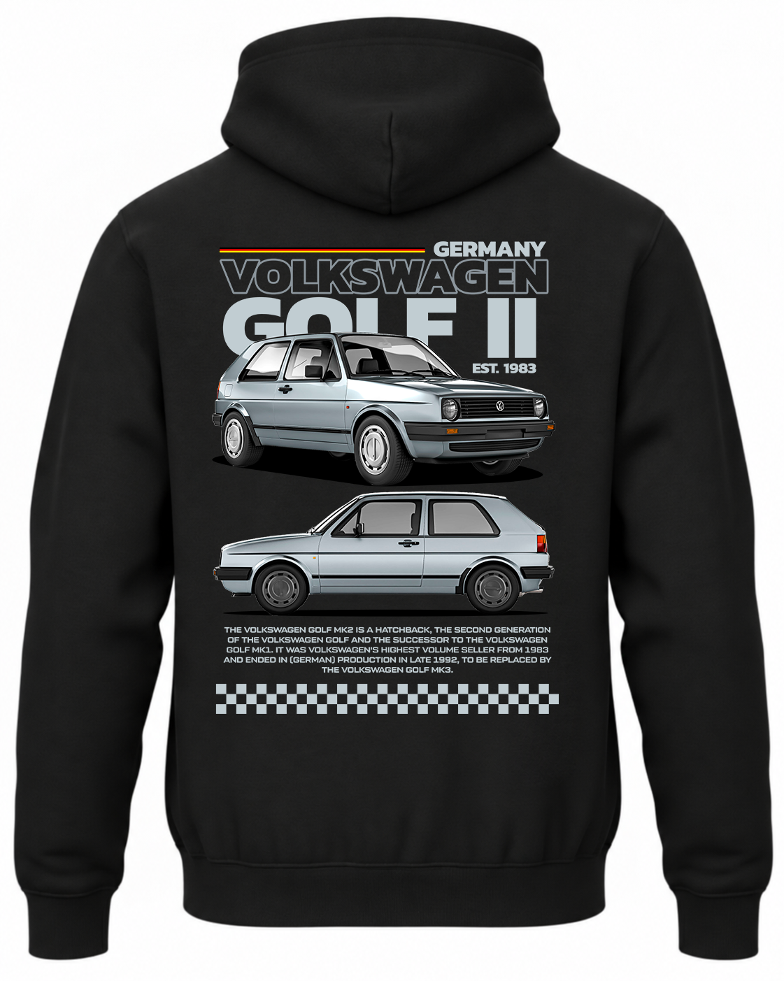 Czarna bluza z kapturem z nadrukiem VW Golf MK2 – wzór 1