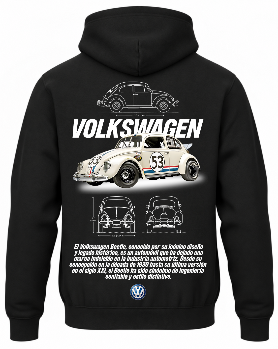 Czarna bluza z kapturem z nadrukiem VW – motyw samochodu