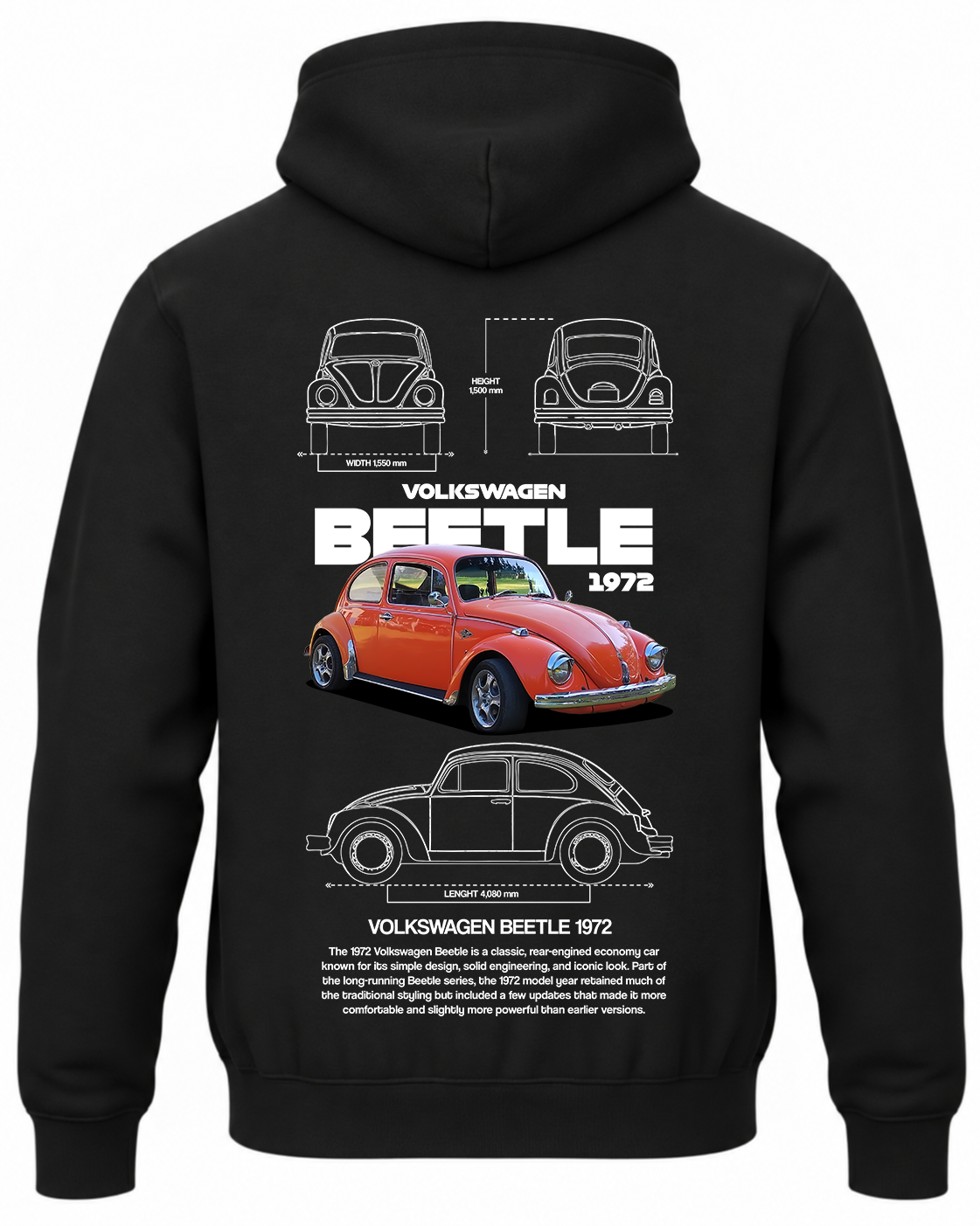 Czarna bluza z kapturem z nadrukiem VW Garbus Vocho