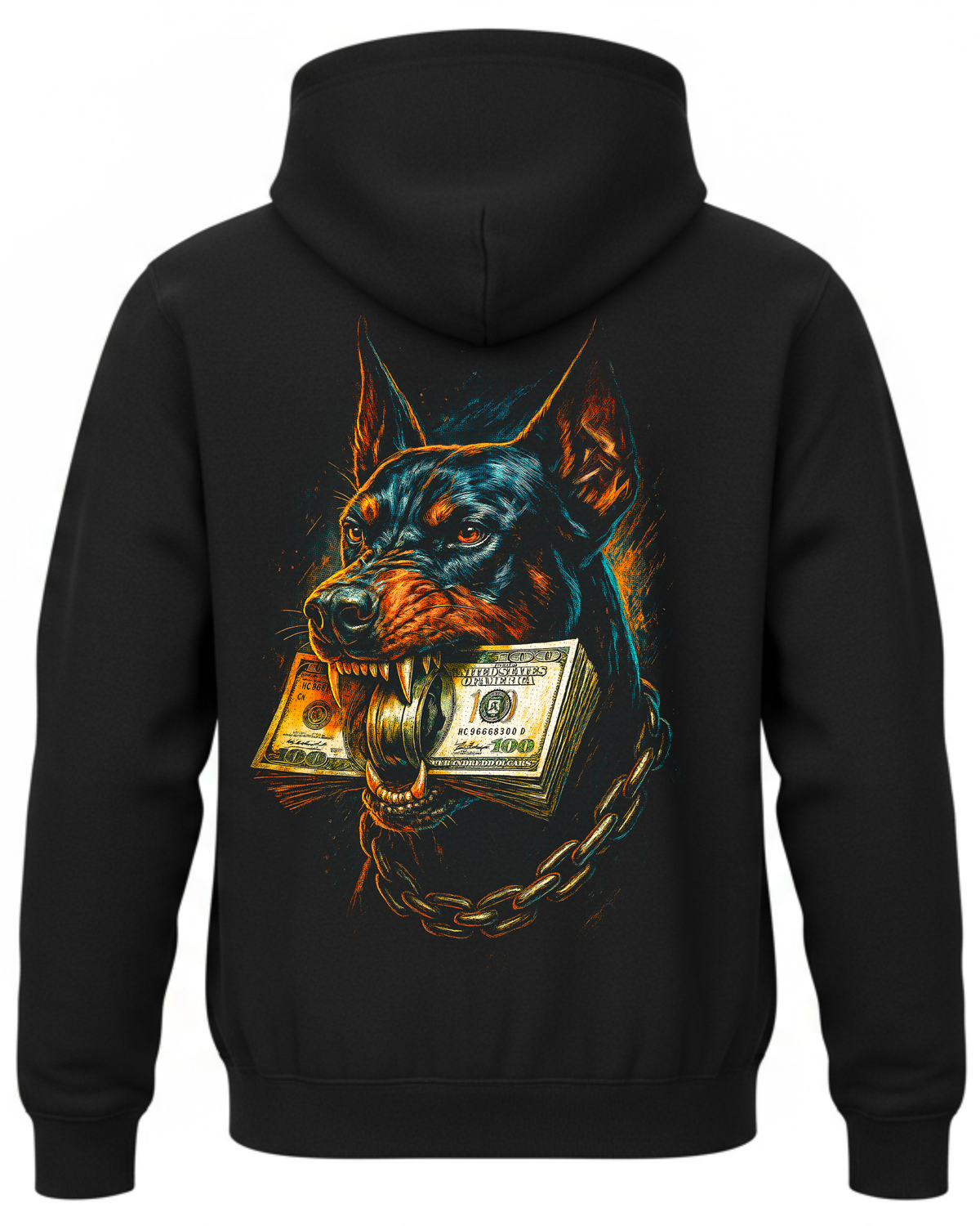 Bluza z dobermanem trzymającym banknoty dolarowe