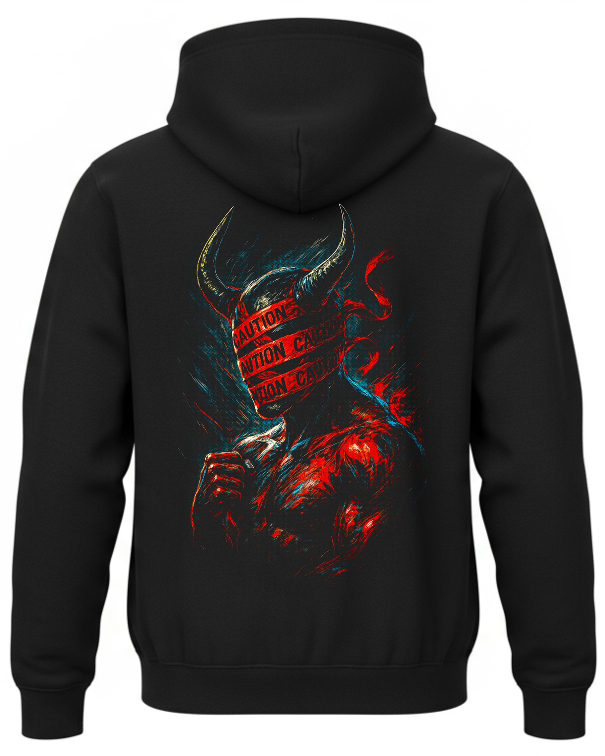 Bluza z bykiem pod czerwoną taśmą ostrzegawczą