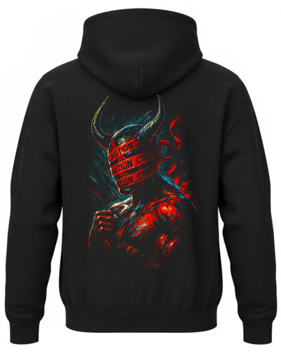 Bluza z bykiem pod czerwoną taśmą ostrzegawczą