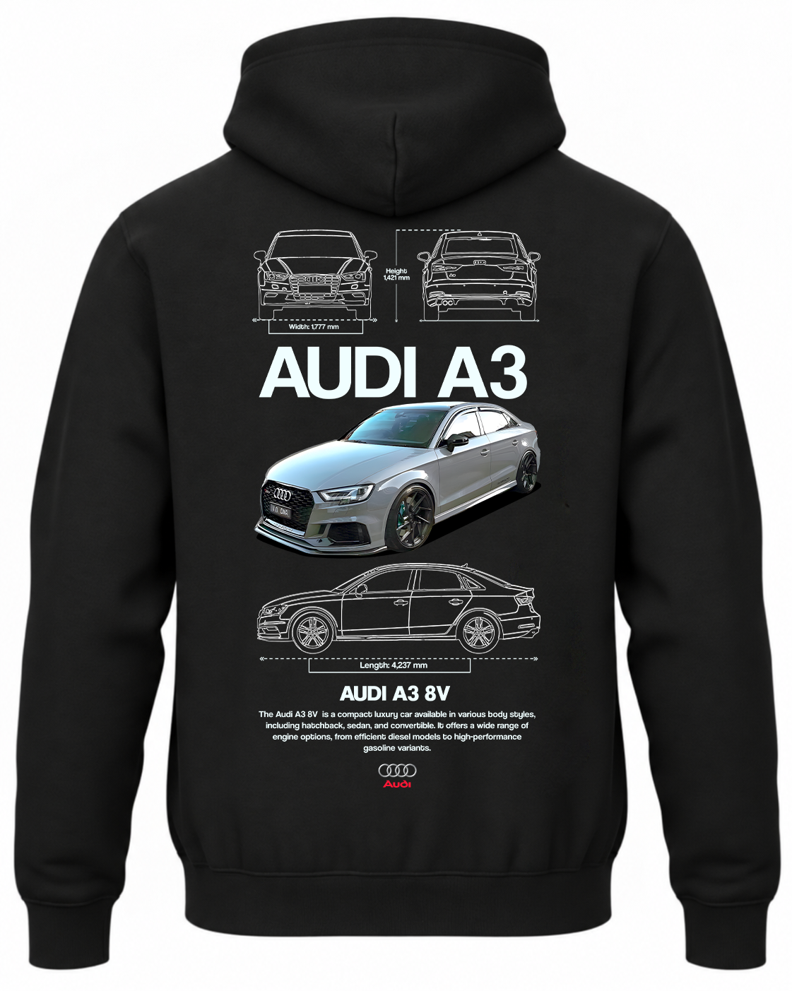 Czarna bluza z kapturem z nadrukiem samochodu Audi A3