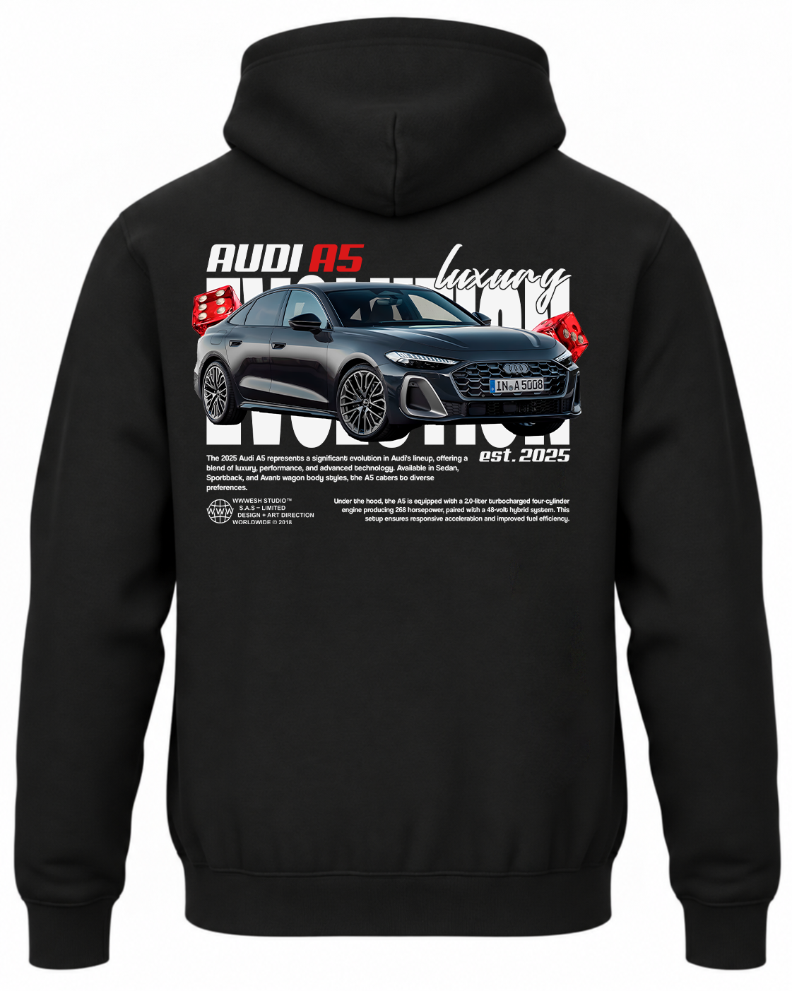 Czarna bluza z kapturem z nadrukiem Audi A5 i napisem Luxury