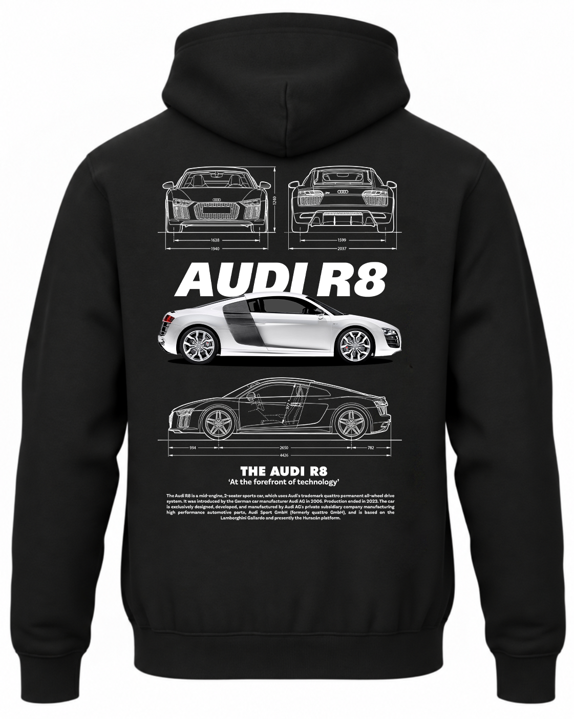 Czarna bluza z kapturem z nadrukiem srebrnego Audi R8