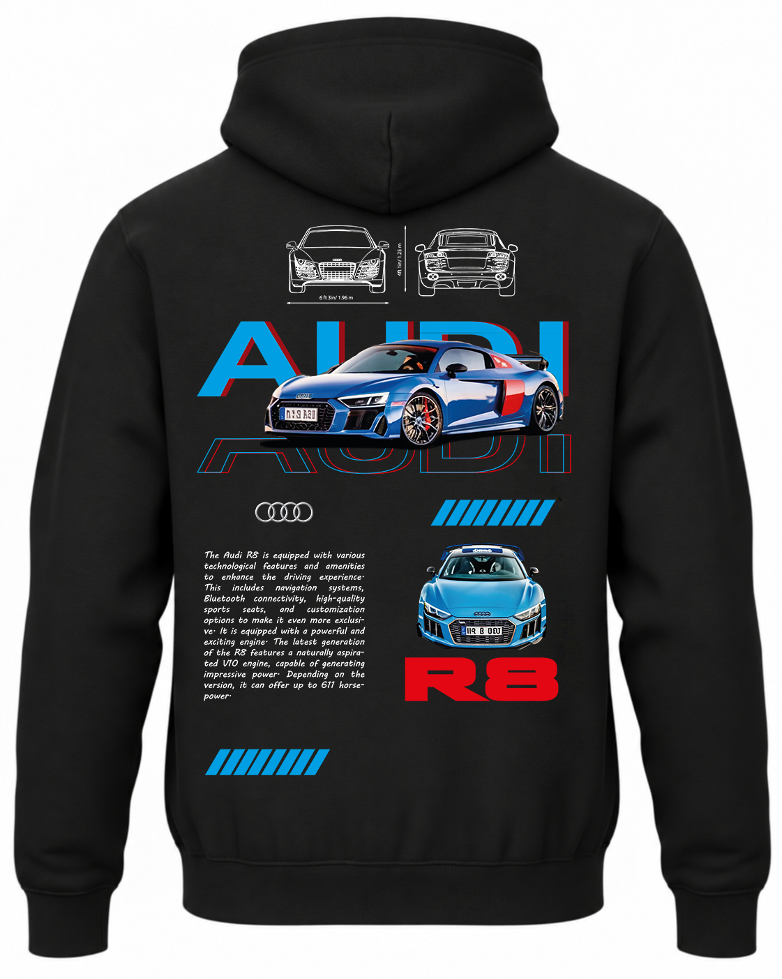 Czarna bluza z kapturem z nadrukiem niebieskiego Audi R8