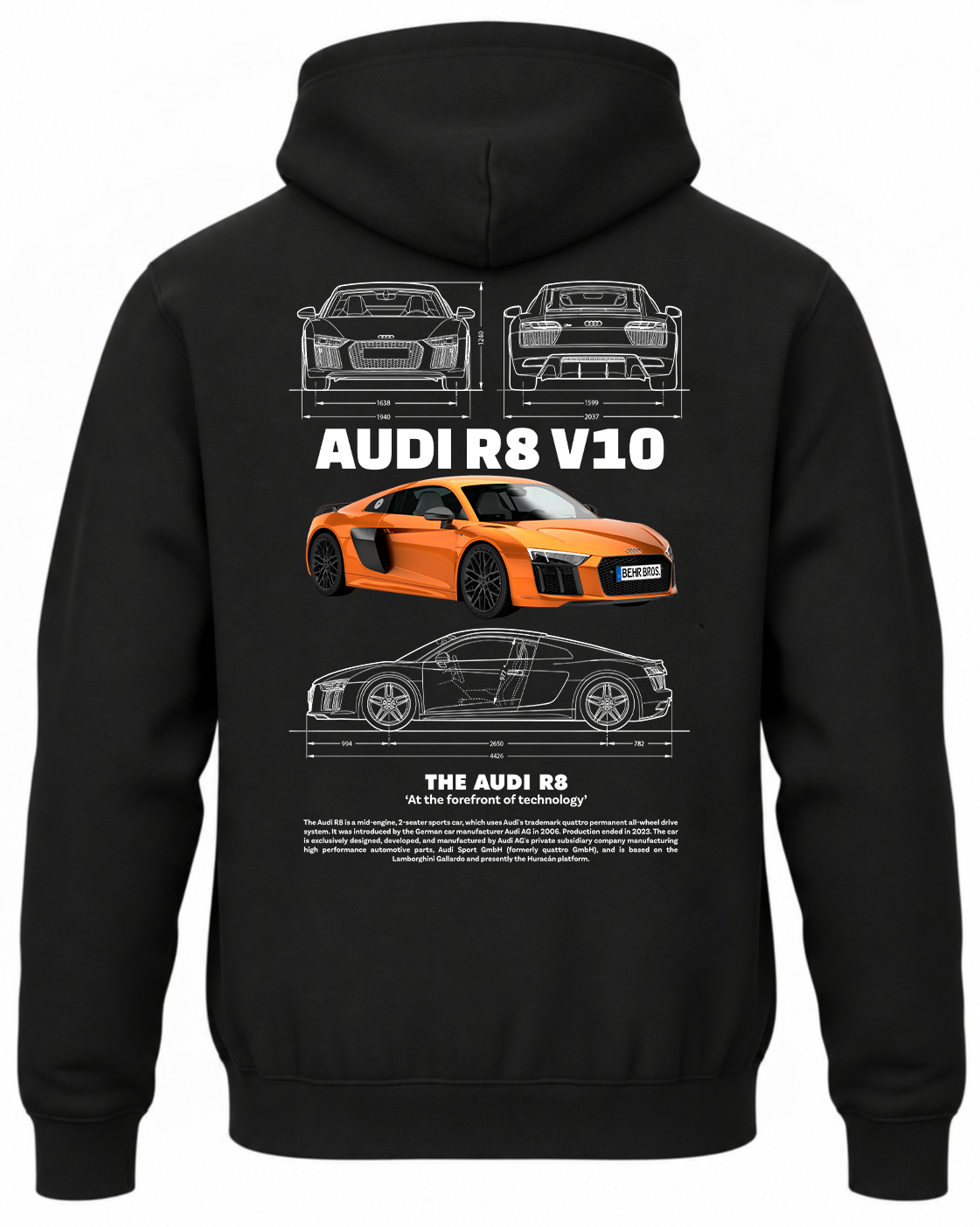 Czarna bluza z kapturem z nadrukiem samochodu Audi R8 V10