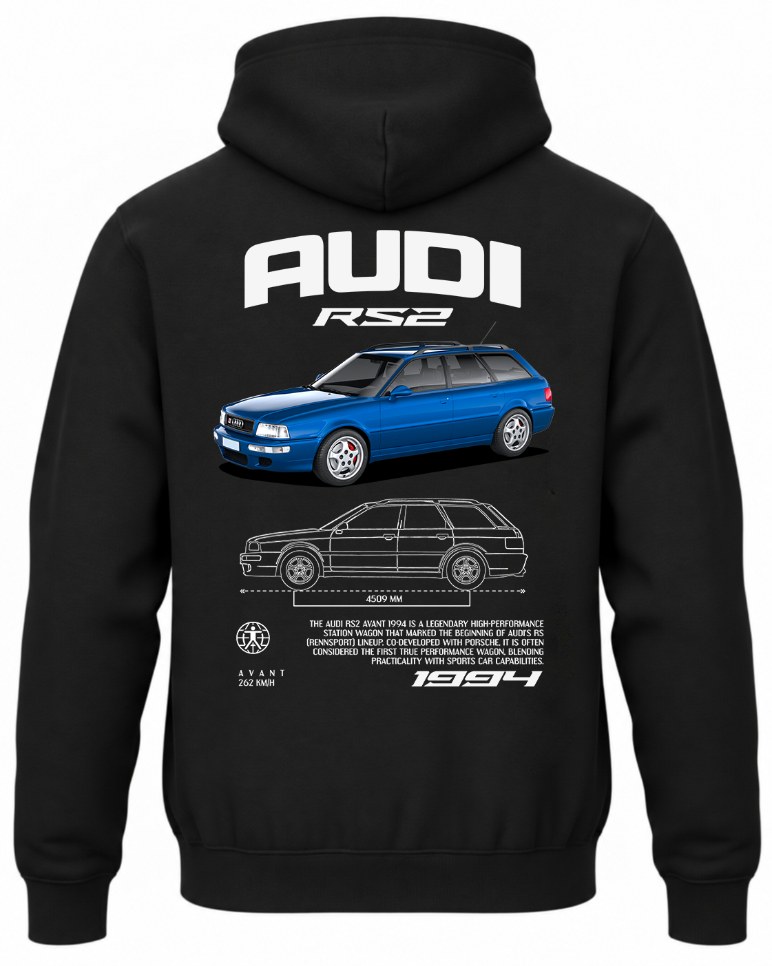 Czarna bluza z kapturem z nadrukiem samochodu Audi RS2