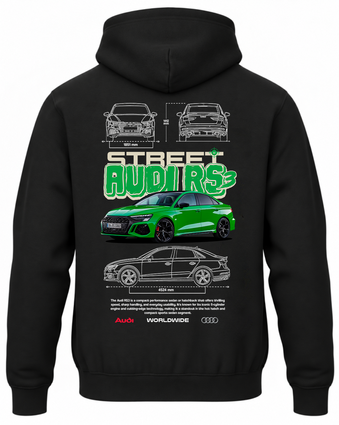 Czarna bluza z kapturem z nadrukiem Audi RS3 Sedan