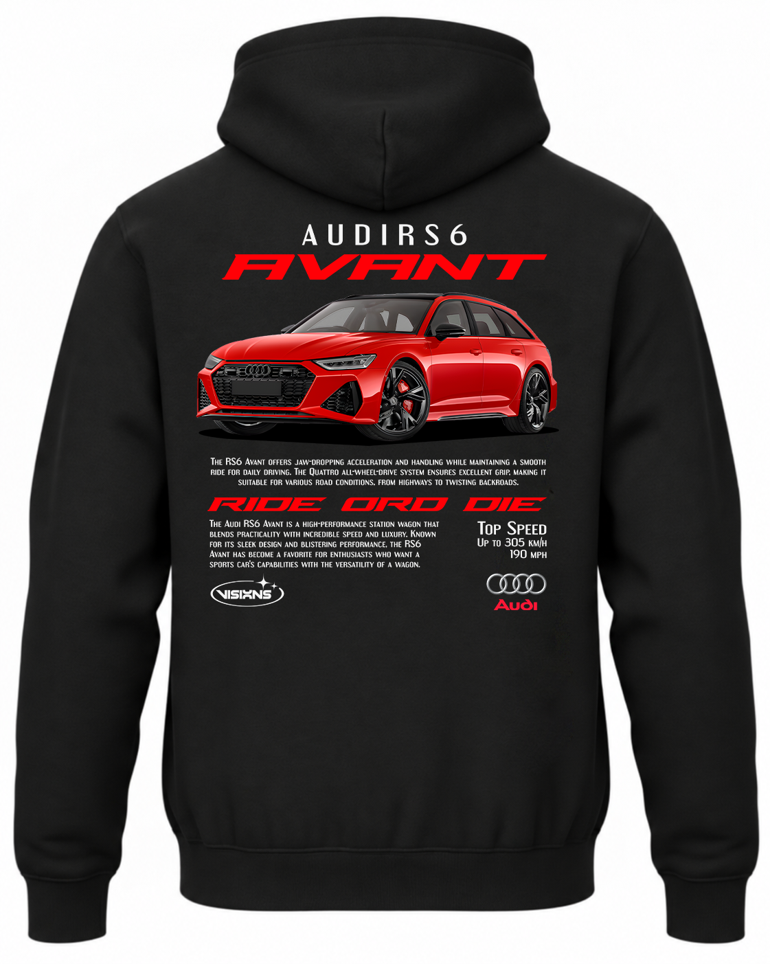 Czarna bluza z kapturem z nadrukiem czerwonego Audi RS6 Avant