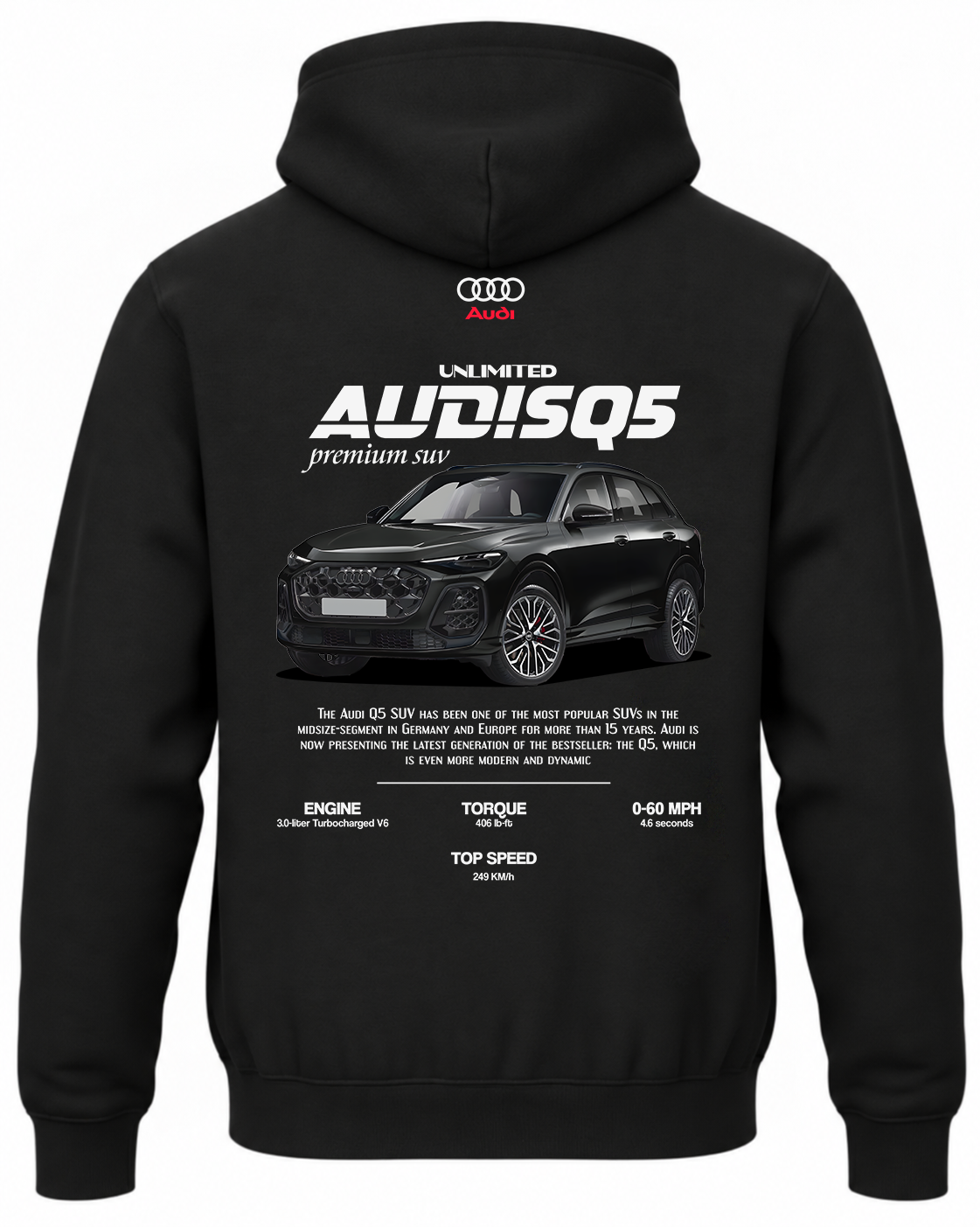 Czarna bluza z kapturem z nadrukiem samochodu Audi SQ5