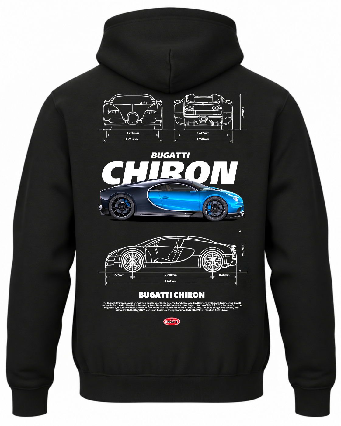 Czarna bluza z kapturem z nadrukiem samochodu Bugatti Chiron