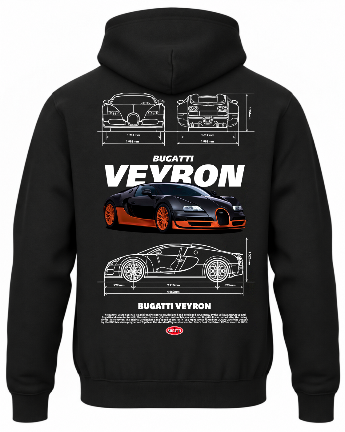Czarna bluza z kapturem z nadrukiem samochodu Bugatti Veyron