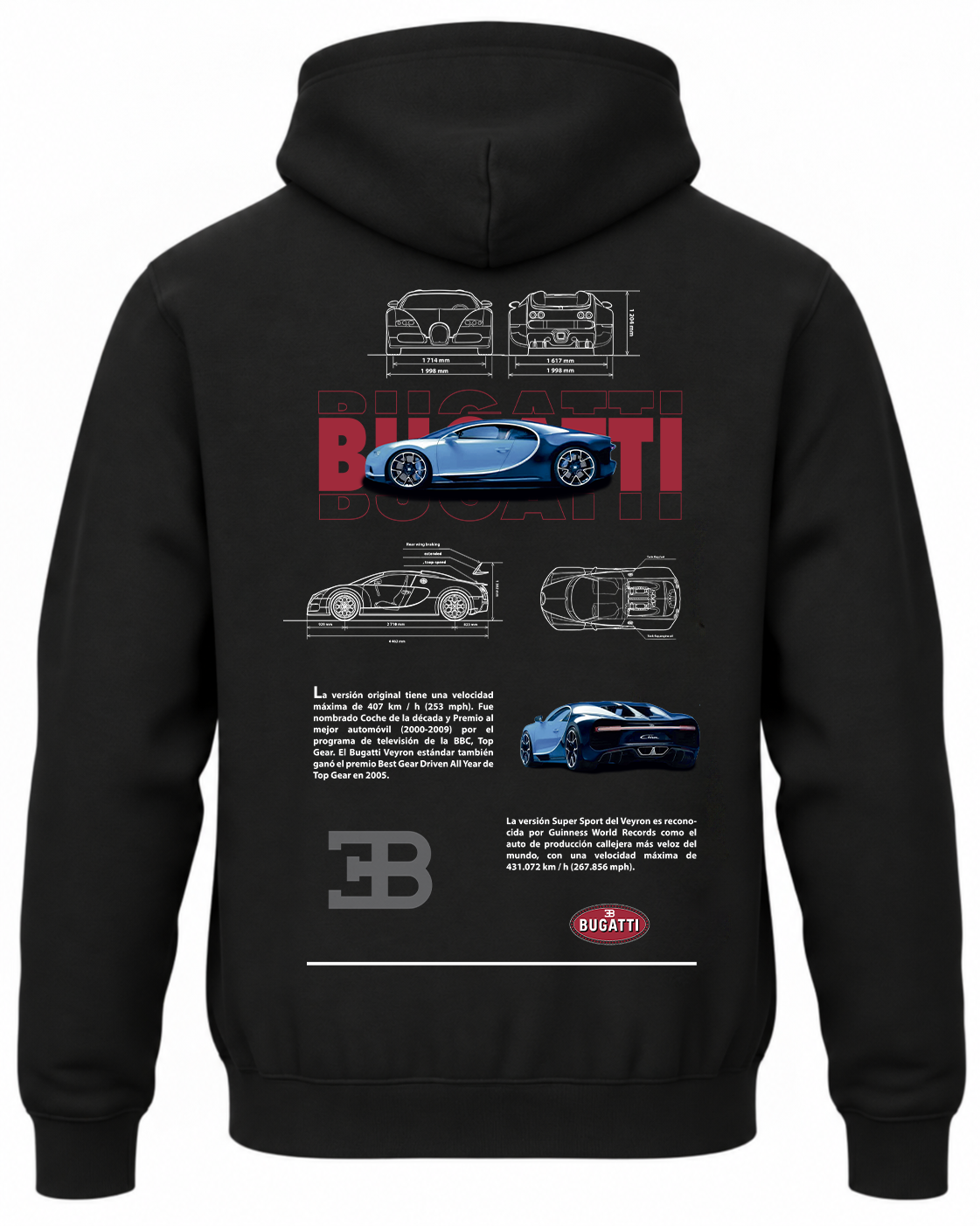 Czarna bluza z kapturem z nadrukiem samochodu Bugatti Veyron