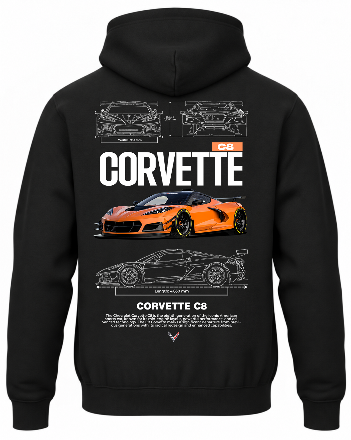 Czarna bluza z kapturem z nadrukiem samochodu Chevrolet Corvette C8