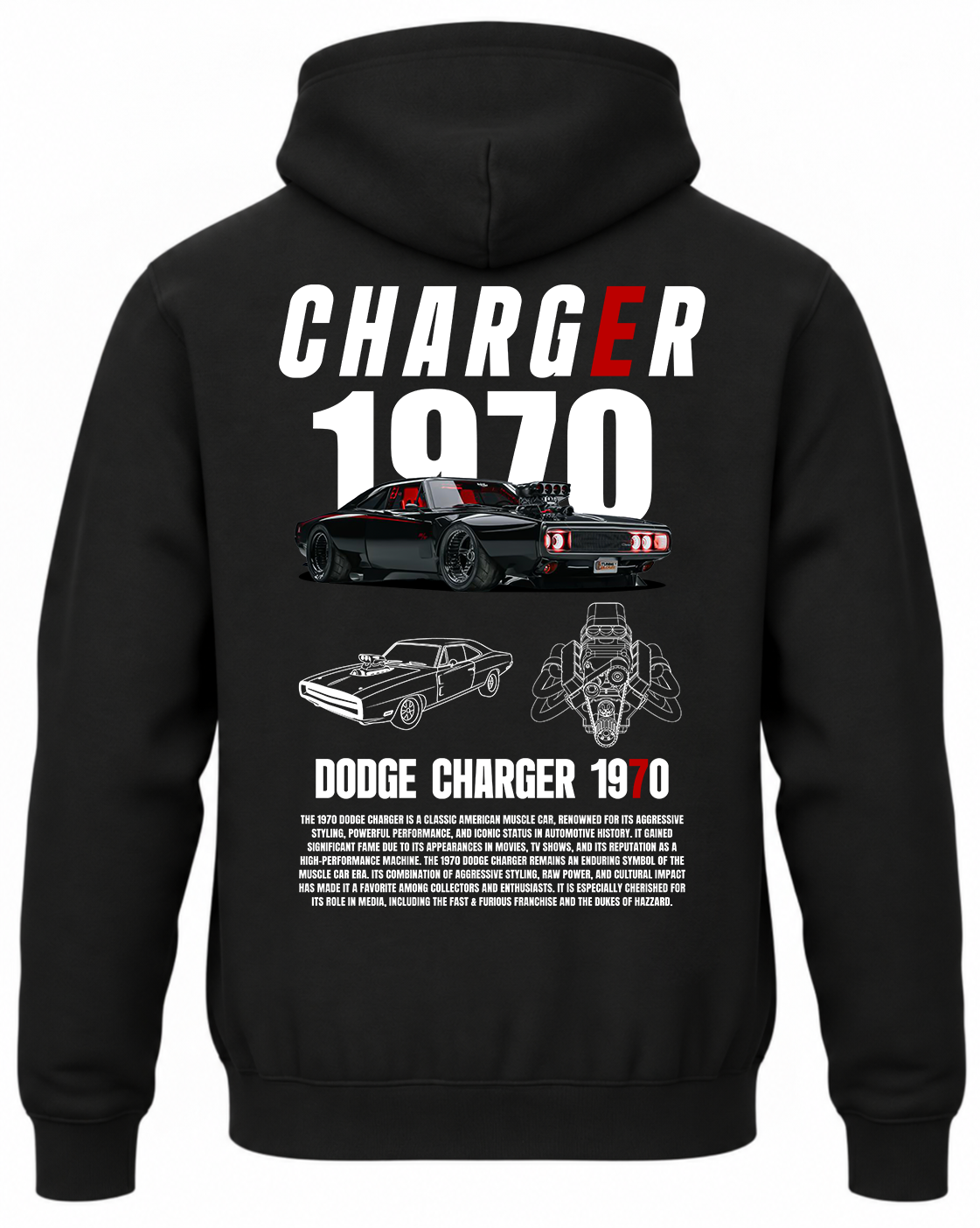 Czarna bluza z kapturem z nadrukiem samochodu Dodge Charger 1970